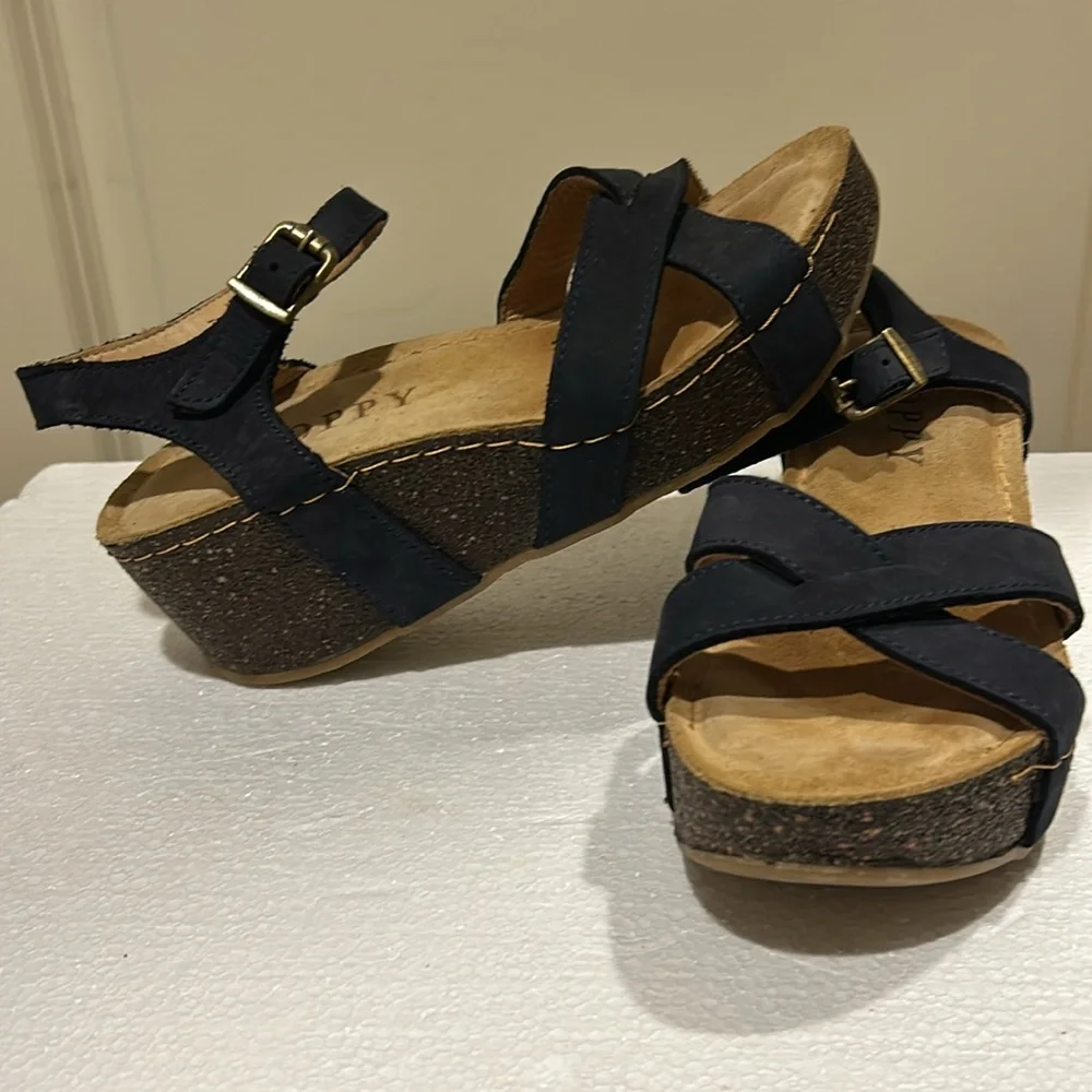 Like New! Poppy cork Wedge suede strap sandals cushion insoles size 37 dark blue